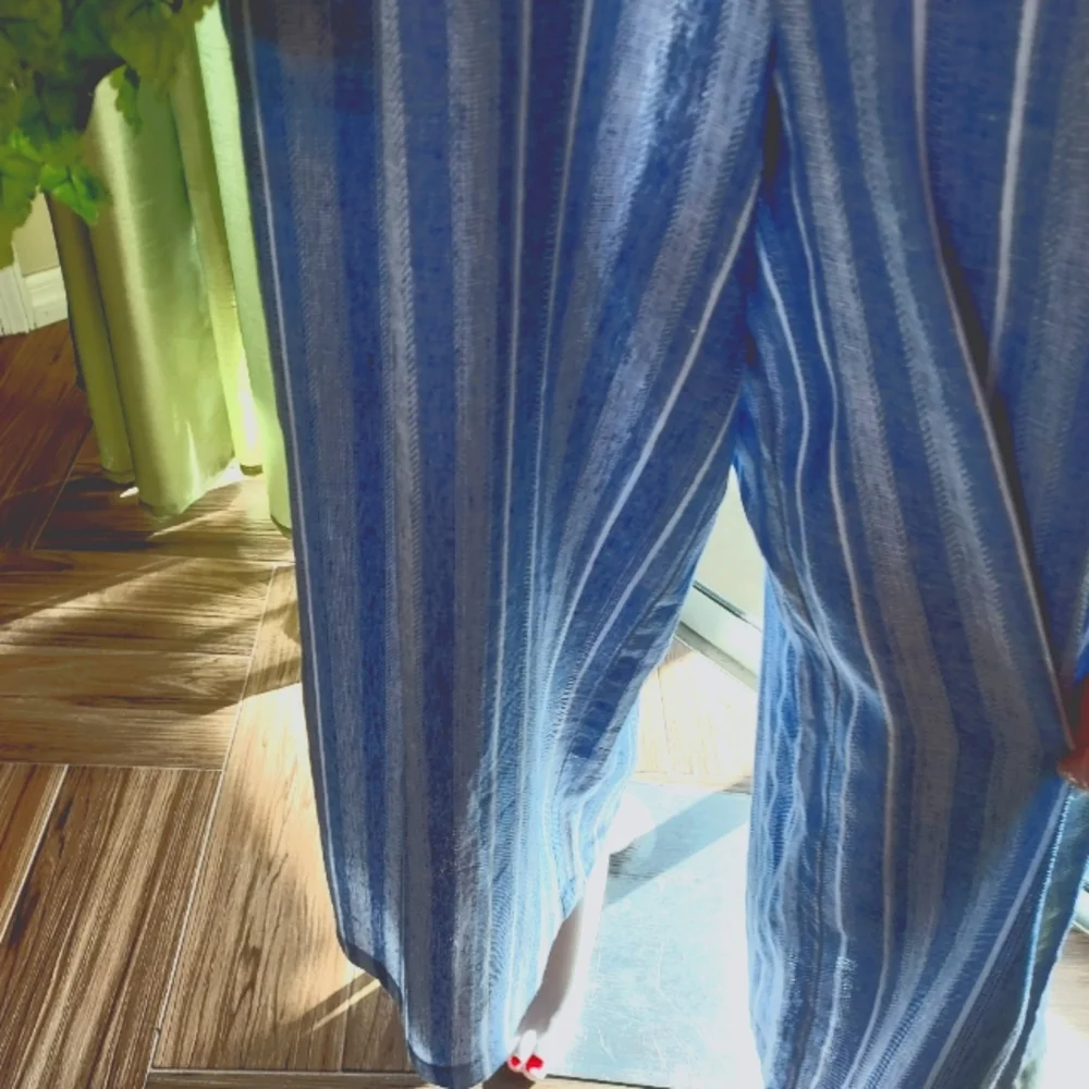 Calvin Klein Striped Linen & Rayon Jumpsuit in a Denim Blue & White. - Picture 12 of 16